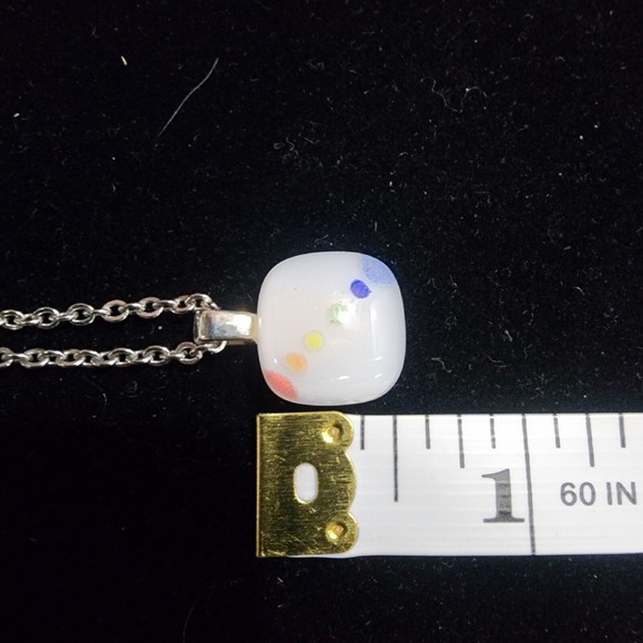 Artesian Made Silver Tone Dainty Chain Square White Pendant W/Multi Color Dots - Picture 7 of 9